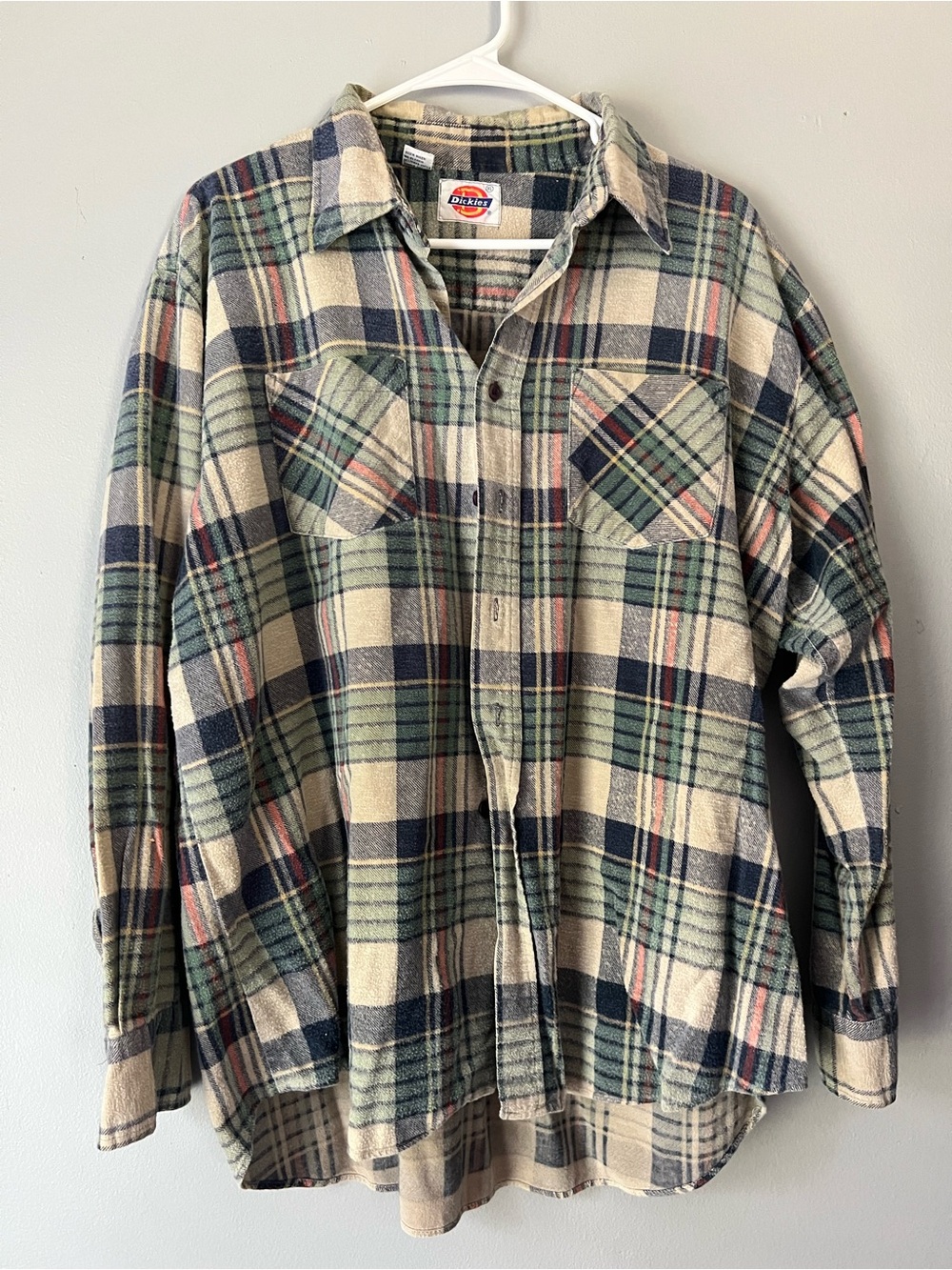 Dickies Plaid Flannel Shirt in Cream, Navy & Green vintage 90s size XL